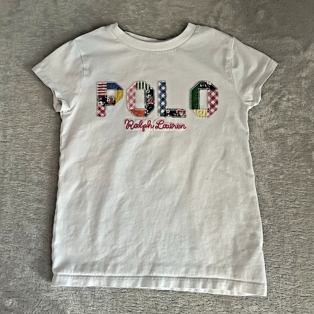 Polo Ralph Lauren Girls Mixed Logo Cotton Jersey Tee White Patchwork Size 7 S